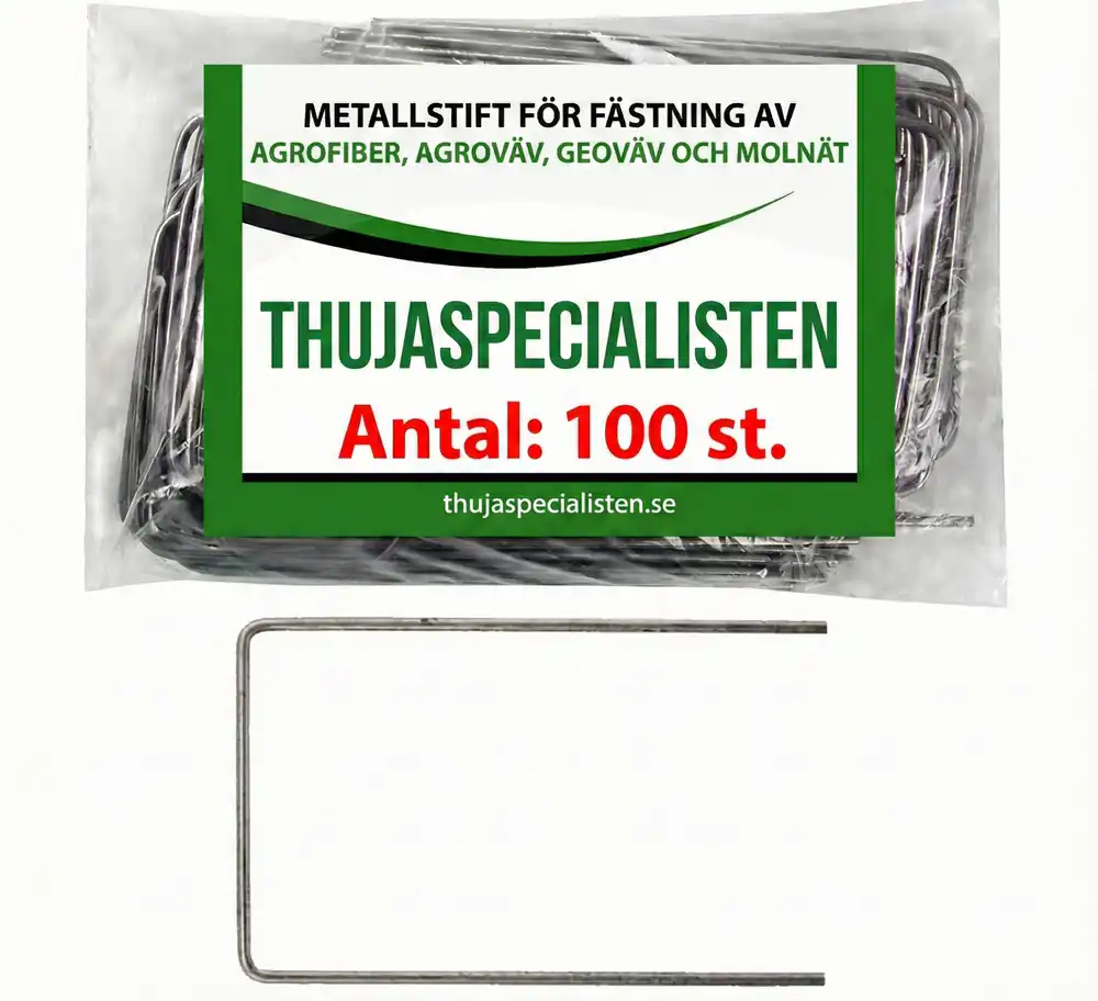 Förpackning med 100 st metallstift (U-modell) för fästning av markduk.