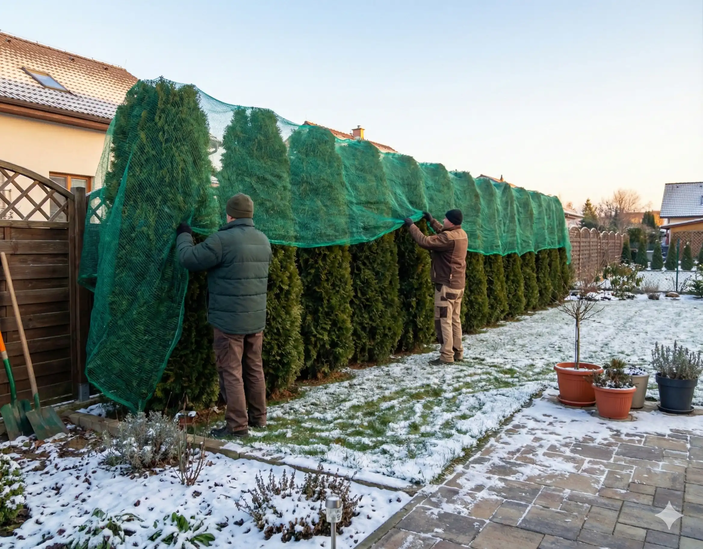 Vintertäckning av thuja med skuggväv mot sol och snö