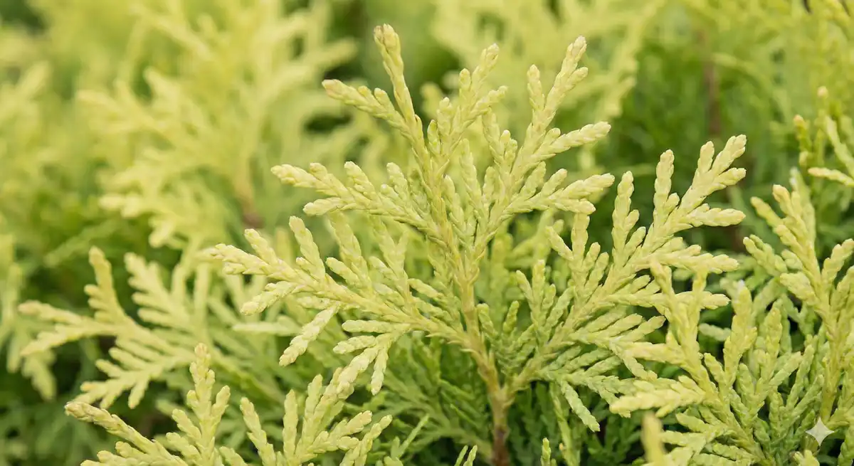 Thuja Brabant närbild ljusgröna barr och grenar