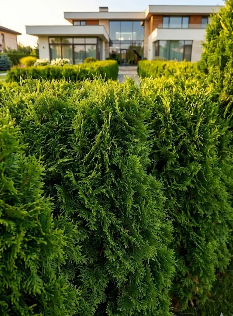 Tät och hög häck av Thuja Brabant som ger utmärkt insynsskydd framför en villa