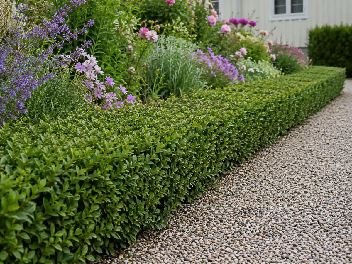 Låg ligusterhäck som kantväxt runt en blomsterrabatt