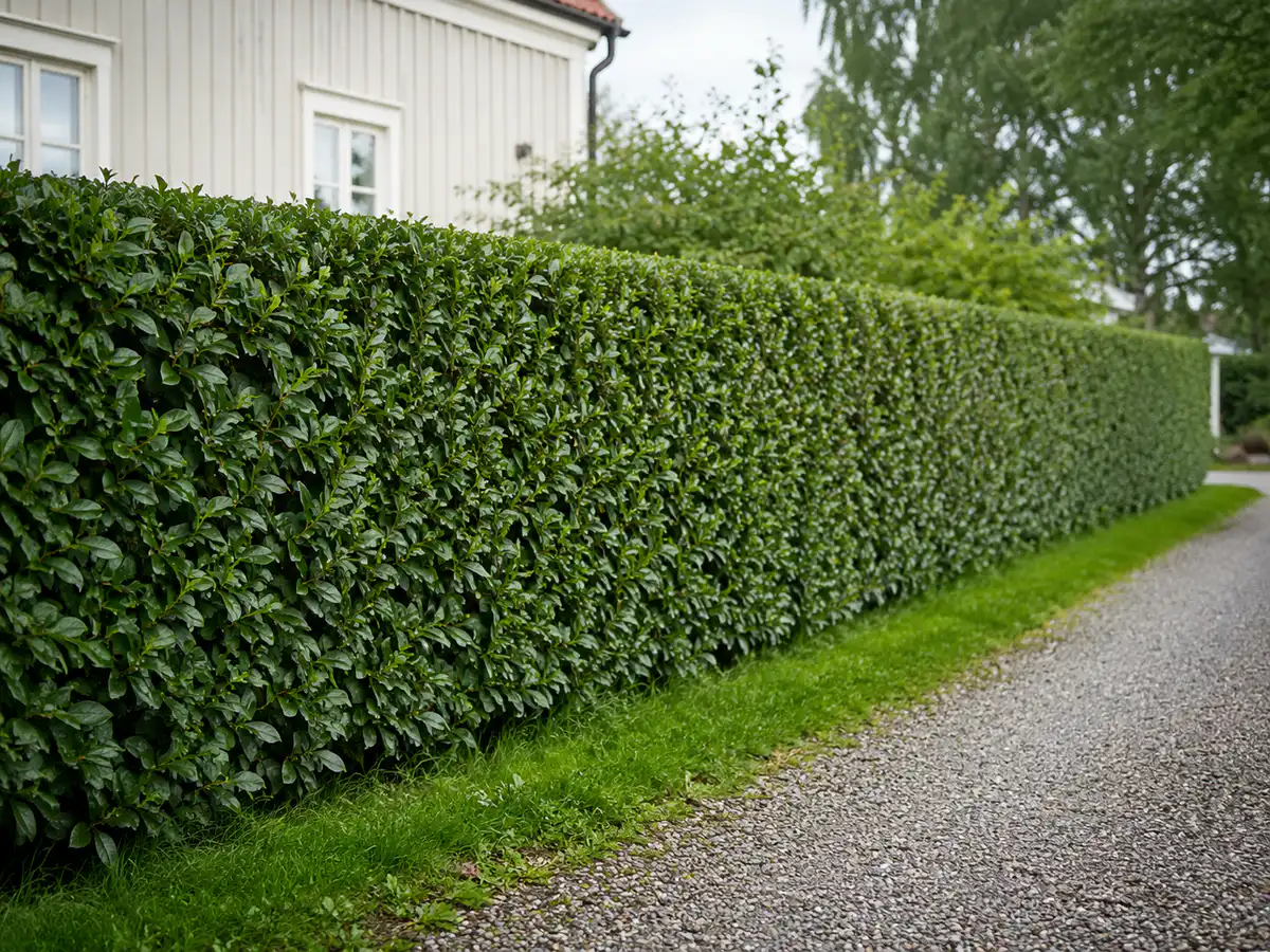 Formklippt ligusterhäck längs grusad uppfart vid vitt trähus